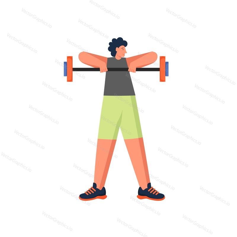 Man doing barbell arm exercises, vector flat illustration isolated on white background. Weightlifting, strength training workout, weight exercise, sport and healthy lifestyle.