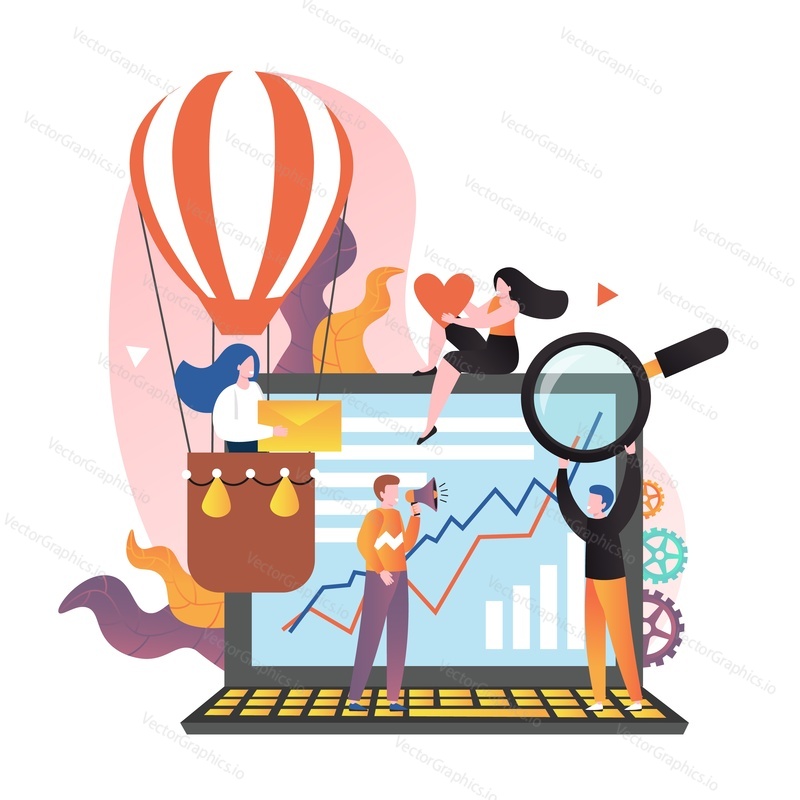 Male and female characters analysing charts on huge laptop screen, holding magnifier, envelope and heart, vector illustration. SMM, Social media marketing concept for web banner, website page etc.