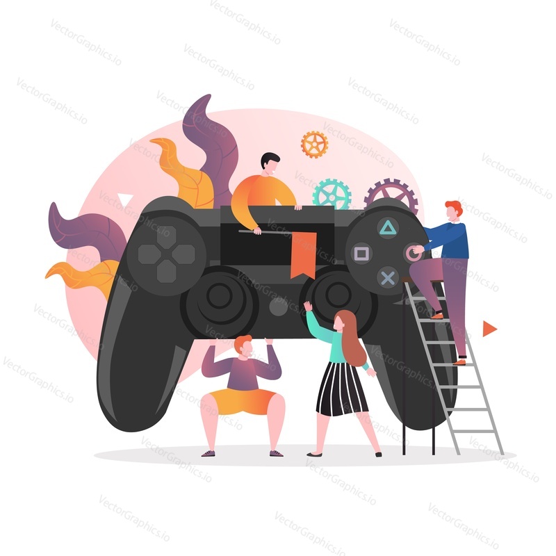 Huge game controller for video game console, micro male and female characters, vector illustration. Video gaming technologies concept for web banner, website page etc.