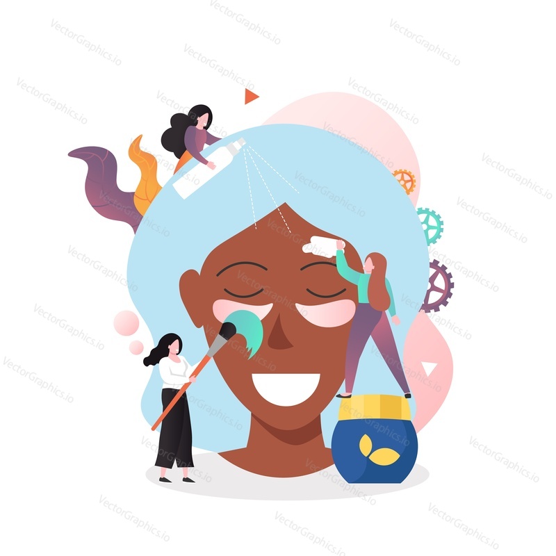 Beauticians washing woman face with facial cleanser, applying cosmetic eye patches and mask, vector illustration. Cosmetology, beauty and face care services concept for web banner, website page, etc.