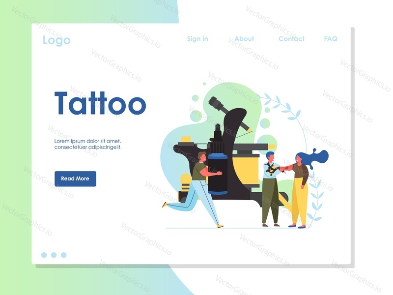 Tattoo vector website template, web page and landing page design for website and mobile site development. Tattoo shop, studio or parlour services concept.