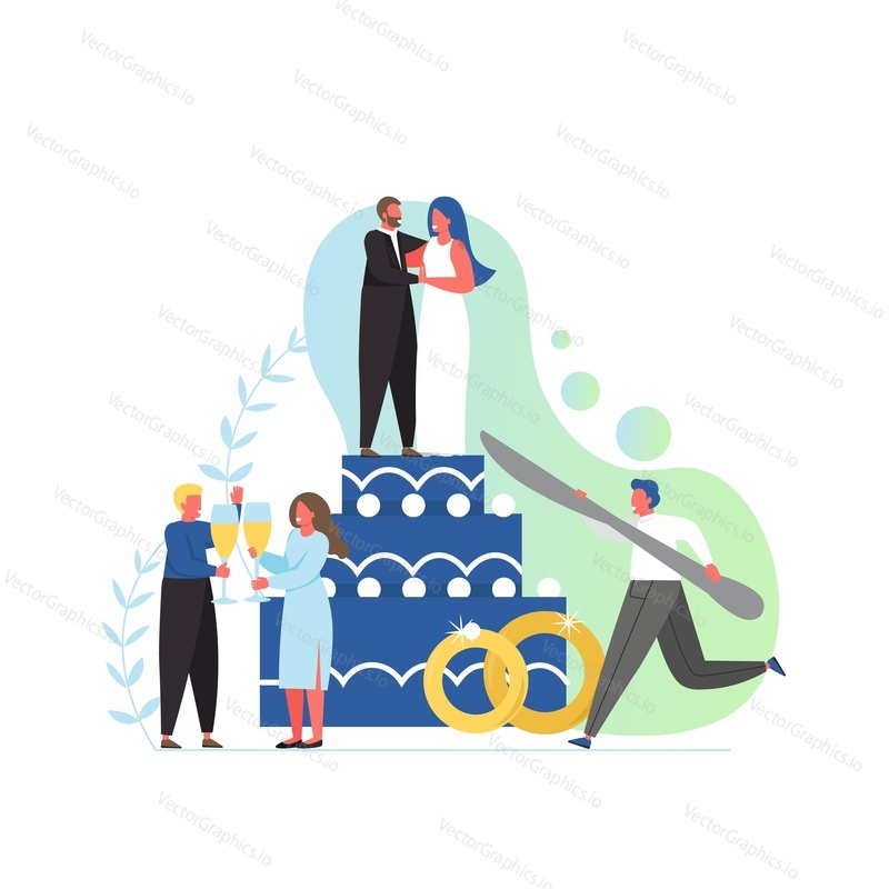 Huge wedding cake with bride and groom, rings and tiny characters guests, vector flat style design illustration. Wedding party planning services concept for web banner, website page etc.