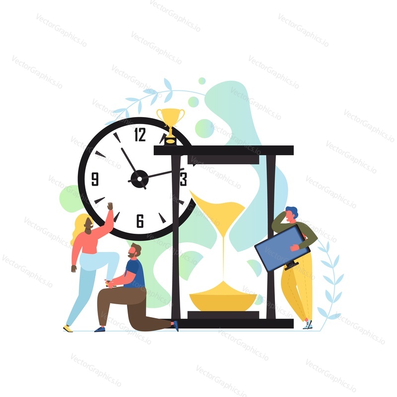 Time is up concept vector flat style design illustration. Huge clock and hourglass, tiny characters business people running out of time to do their work. Deadline, time management concept.