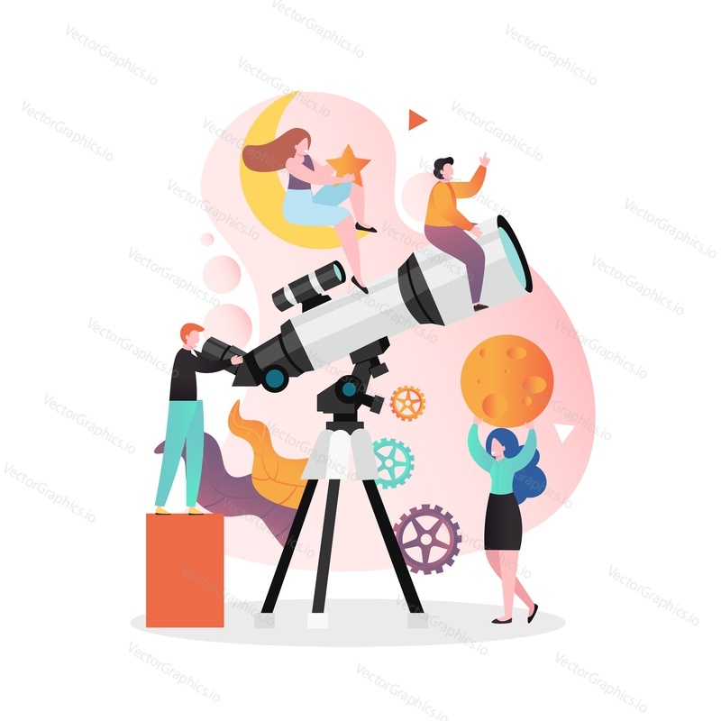Micro male characters looking through huge telescope, sitting on it, female characters holding the moon and sitting on it, vector illustration. Astronomy science concept for web banner, website page.