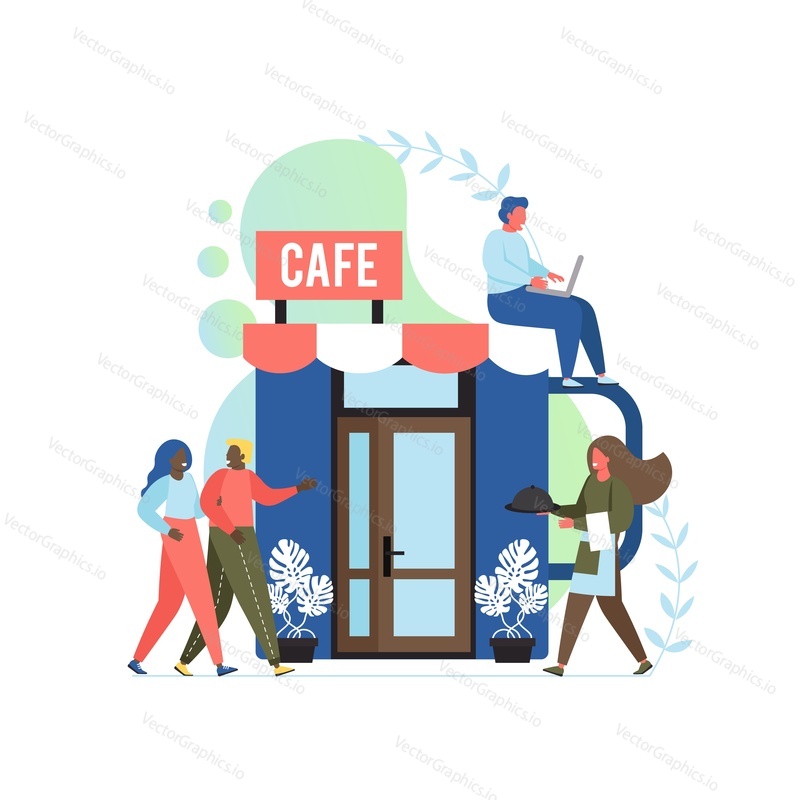 Векторная иллюстрация дизайна концепции кафе в плоском стиле. Вывеска кафе на большом здании с чайной чашкой, крошечные персонажи - посетители и официантка, подающая блюдо. Ресторанное питание, корпоративное питание и услуги кафетерия.