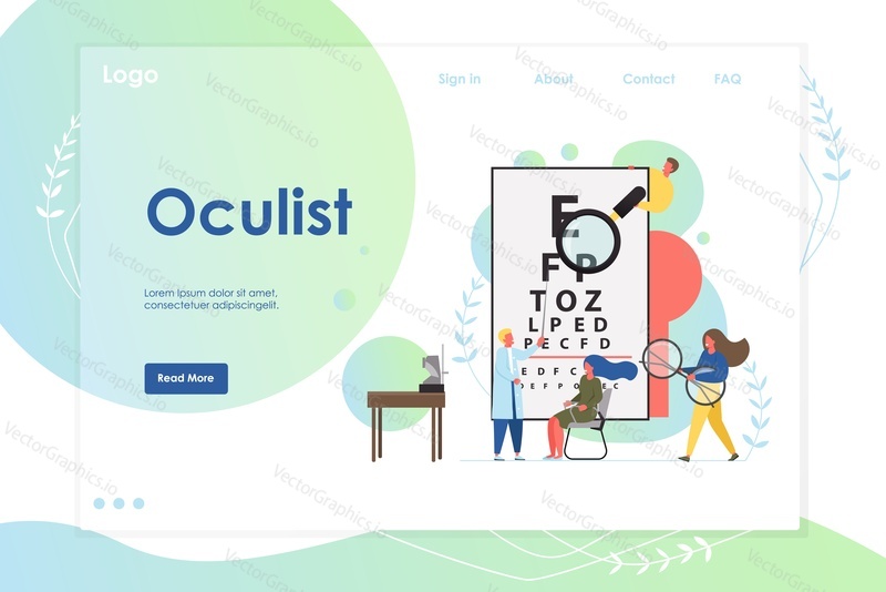 Векторный шаблон веб-сайта Oculist, дизайн веб-страницы и целевой страницы для разработки веб-сайтов и мобильных сайтов. Концепция обследования и коррекции зрения.