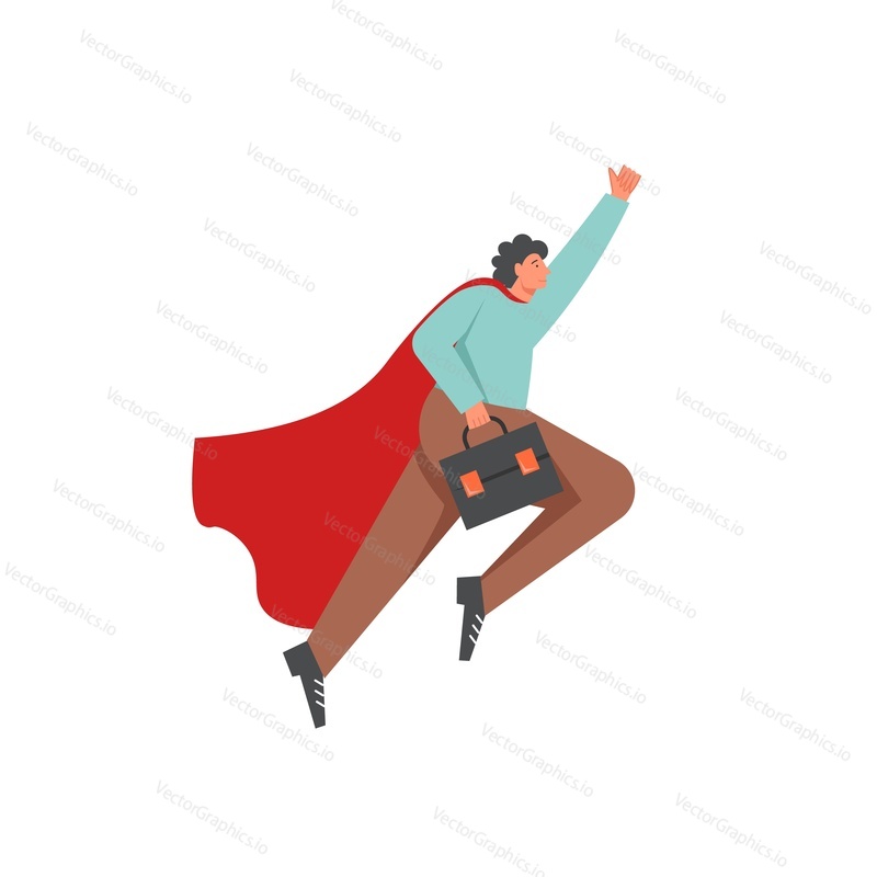 Businessman wearing red superhero cloak flying up with raised hand, vector flat illustration isolated on white background. Business success concept for web banner, website page etc.