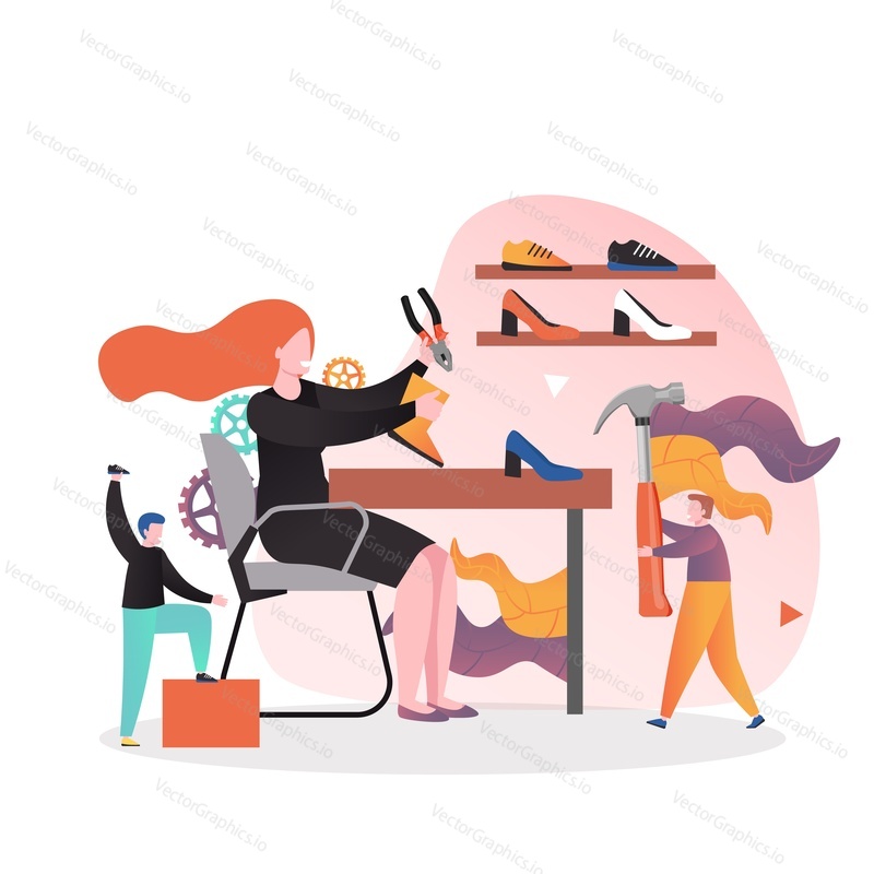 Male and female characters shoemakers repairing footwear, vector illustration. Shoe repair workshop services concept for web banner, website page etc.