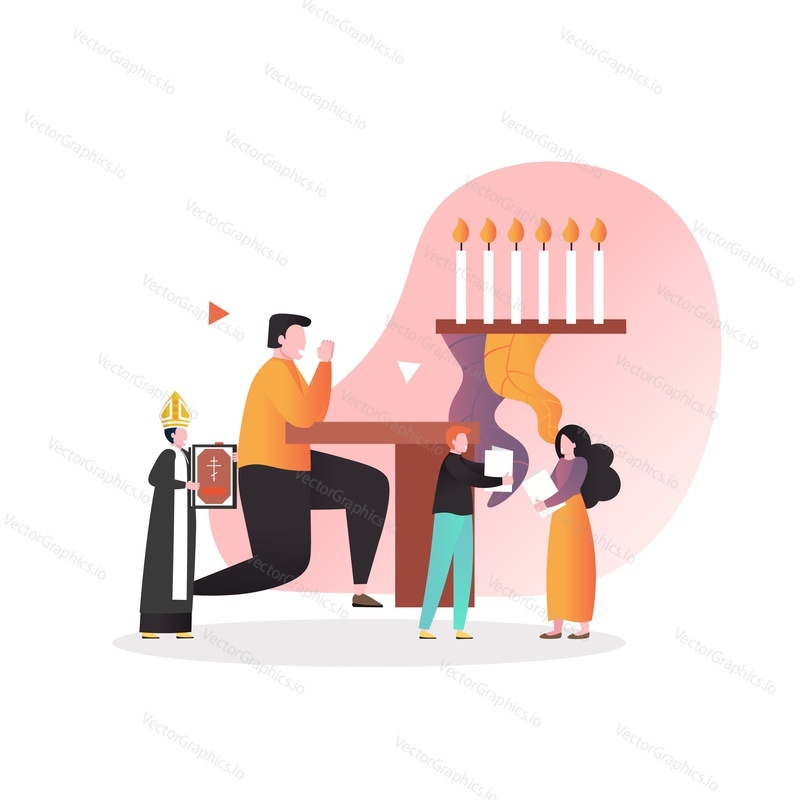 Christian prayer kneeling and praying, burning candles, vector illustration. Christianity religion concept for web banner, website page etc.