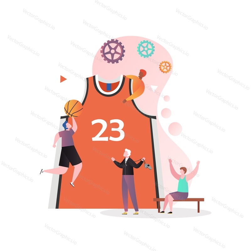 Huge basketball shirt and micro male characters players professional athletes playing basketball, vector illustration. Basketball game concept for web banner, website page etc.