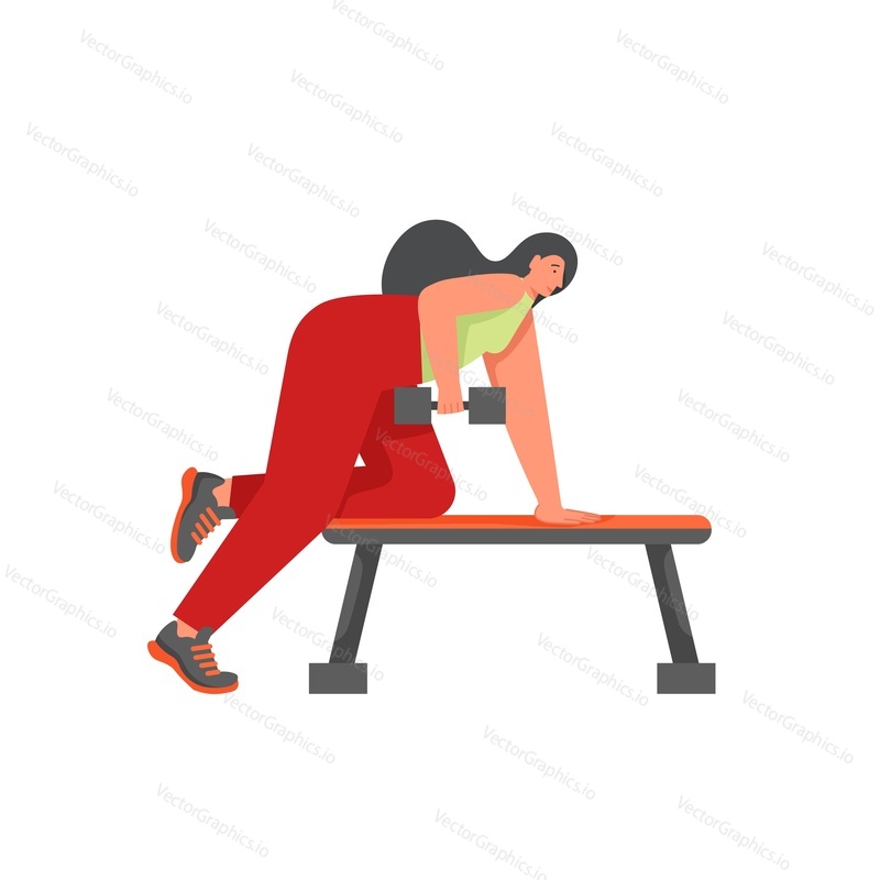 Fitness woman doing tricep dumbbell kickbacks on bench, vector flat illustration isolated on white background. Weight exercises, strength training, sport and health.