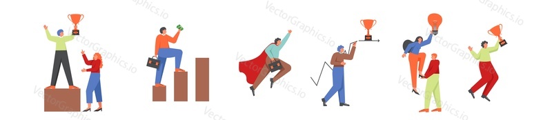 Successful business people vector flat illustration isolated on white background. Businessman characters superhero, winner celebrating success with award, climbing up bar chart, planning to reach goal