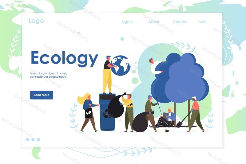 Экологический векторный шаблон веб-сайта, дизайн веб-страницы и целевой страницы для разработки веб-сайтов и мобильных сайтов. Крошечные люди собирают придорожный мусор, выбрасывают его в большой синий мусорный бак, сажают деревья.