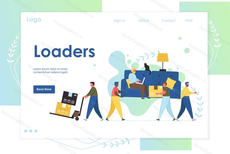 Loaders vector website template, web page and landing page design for website and mobile site development. Moving house, relocation service concept.