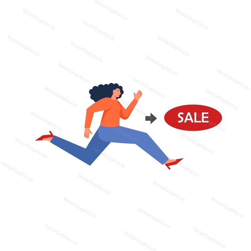 Young woman running following arrow that leads to sale signboard, vector flat illustration isolated on white background. Shopping discounts, offers concept for for web banner, website page etc.