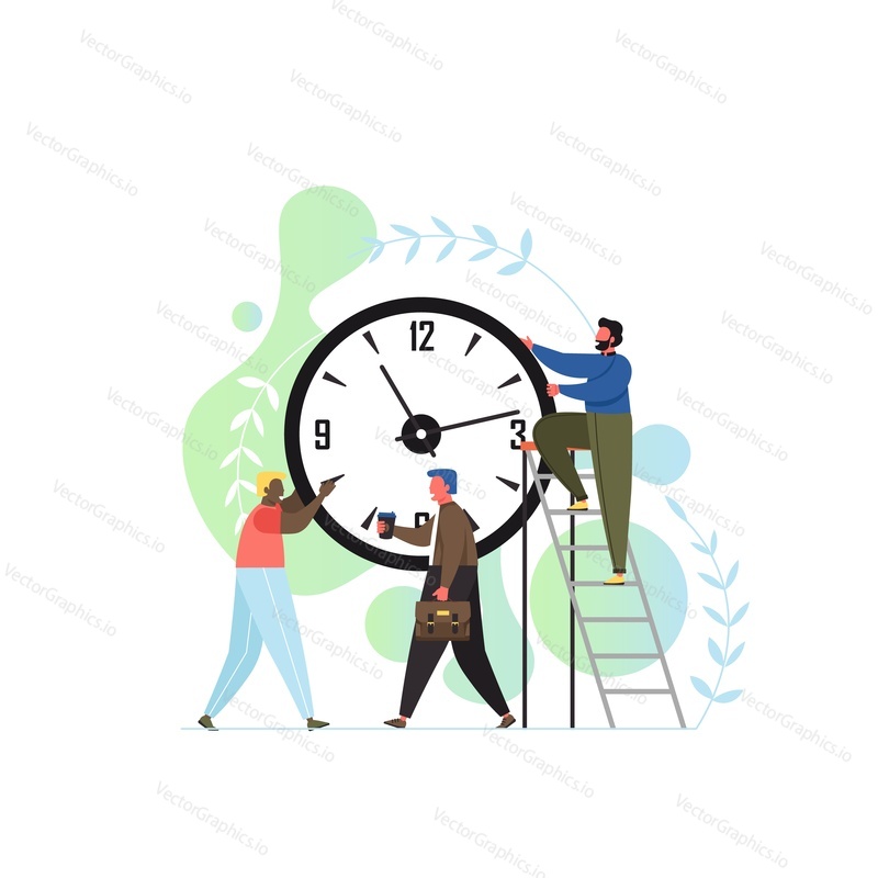 Time is up concept vector flat style design illustration. Tiny characters business people trying to turn back hands of huge clock. Time management concept for web banner, website page etc.
