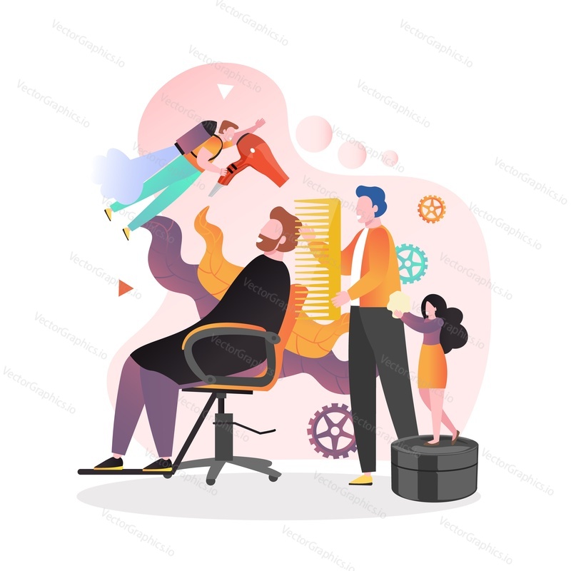 Barbers male and female characters doing man hairstyle with hairdryer and comb, vector illustration. Barbershop man beauty parlour salon services concept for web banner, website page etc.