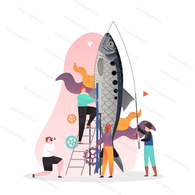 Photographer taking photo of micro fisherman with huge fish on the hook, vector illustration. Fishing hobby, sport tournament, outdoor summer activity concept for web banner, website page etc.
