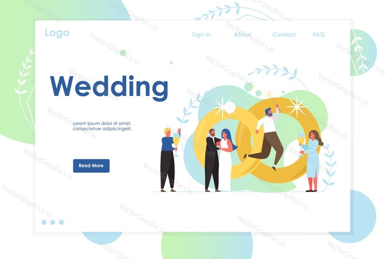 Свадебный векторный шаблон веб-сайта, дизайн веб-страницы и целевой страницы для разработки веб-сайтов и мобильных сайтов. Концепция организации свадебной церемонии.