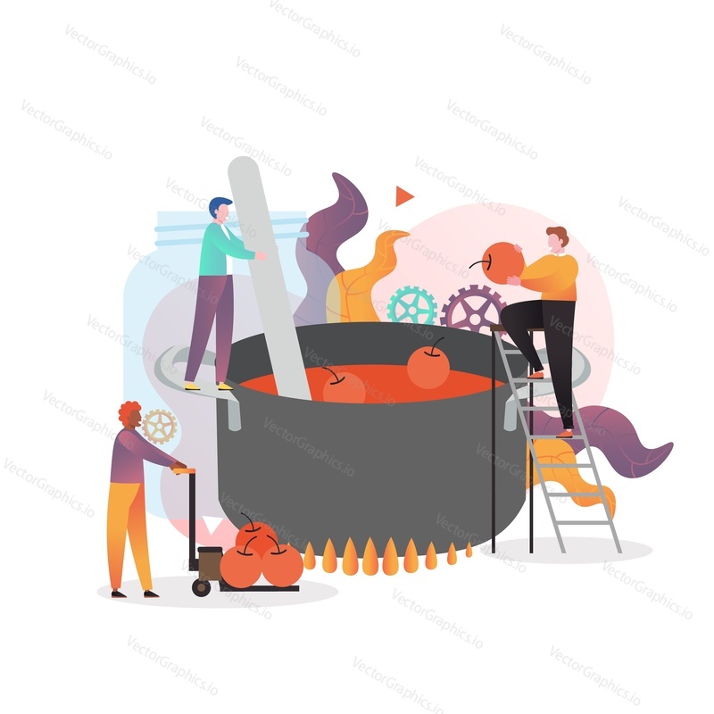 Micro male characters making apple fruit jam in huge pan, vector illustration. Apple picking season, jam production concept for web banner, website page etc.
