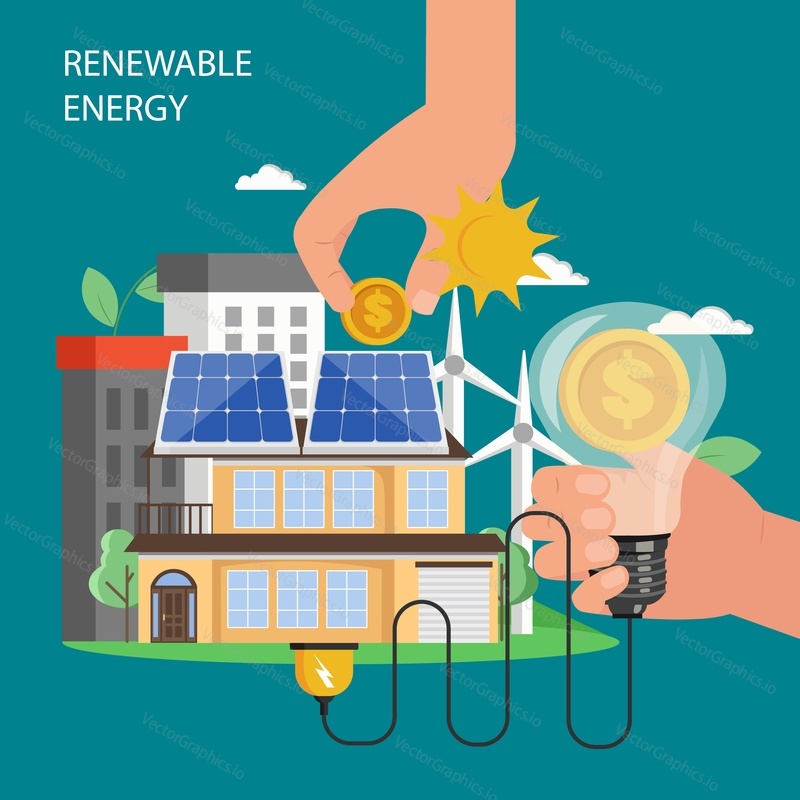 Renewable energy concept vector flat illustration. Eco friendly city with windmills, human hands putting money in solar panels, holding light bulb with dollar coin. Investment in alternative energy.