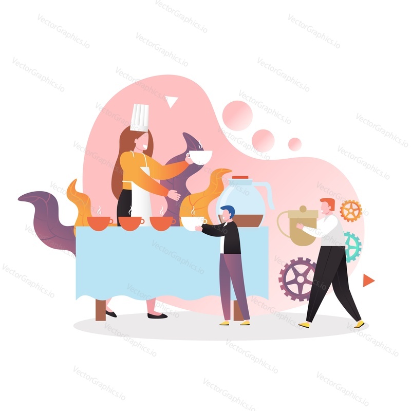 Micro male characters drinking tea prepared by woman in white chef hat and apron, vector illustration. Tea tasting event composition for web banner, website page etc