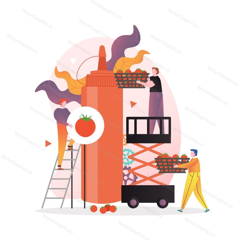 Huge ketchup bottle and micro male characters, vector illustration. Tomato sauce processing and manufacturing plant, tomato industry concept for web banner, website page etc.