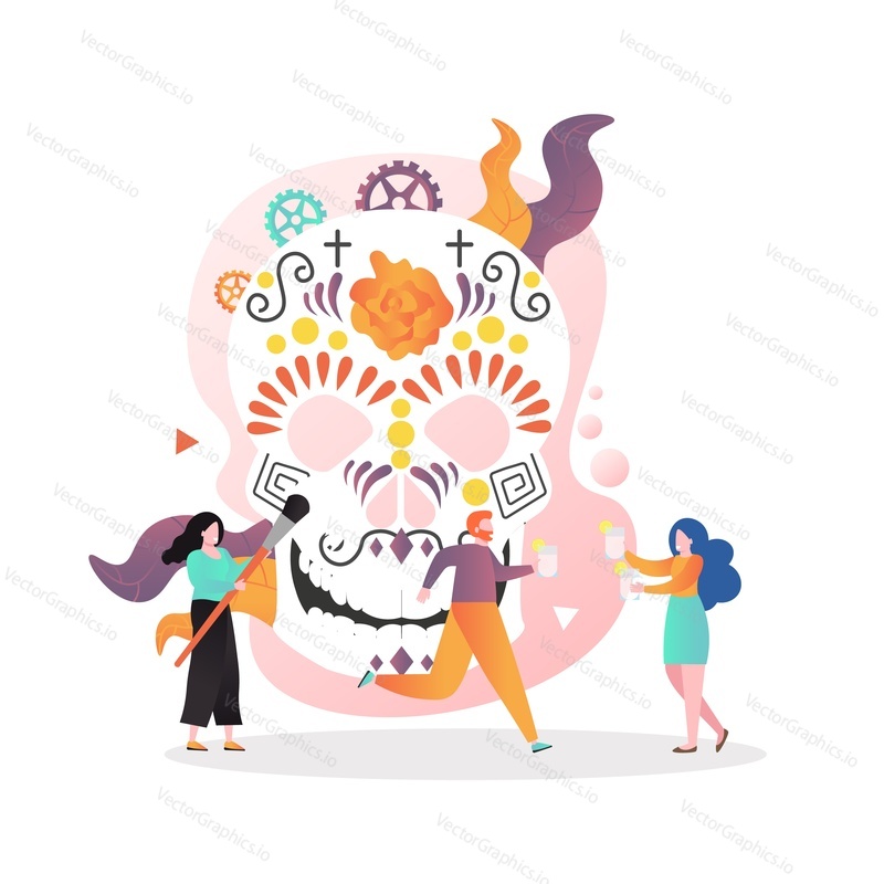 Micro male and female characters decorating huge mexican skull, vector illustration. Mexico culture, Day of the dead celebration concept for web banner, website page etc.