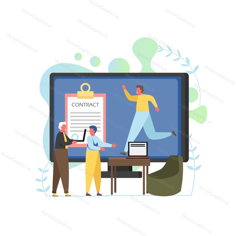 Recruitment vector flat style design illustration. Big clipboard with contract form, running man on computer monitor and tiny characters. Job agency online services concept for web banner website page