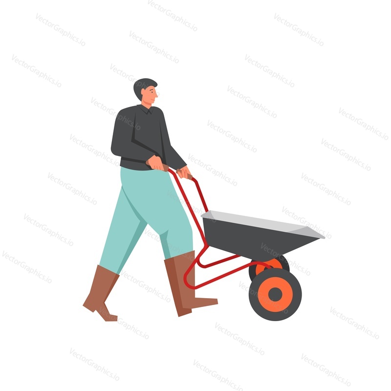 Gardener man with wheelbarrow. Vector flat style design illustration isolated on white background. Gardening concept for web banner, website page etc.