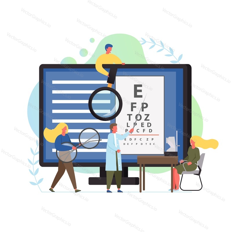 Oculist vector flat illustration. Tiny characters patient and doctor pointing at eye test chart on big computer monitor. Optometry, ophthalmology diagnostics, eyesight test and correction concept.