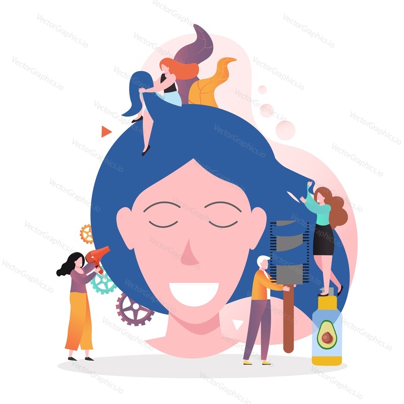 Huge woman head and micro male and female characters blow-drying her hair, vector illustration. Healthy hair, beauty salon services concept for web banner, website page etc.