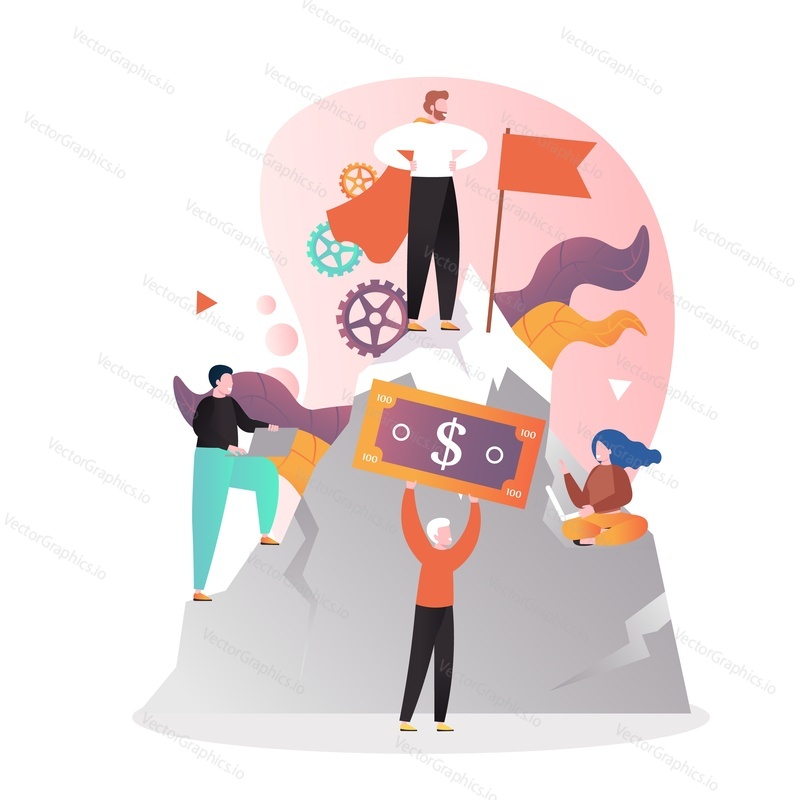 Business team leader and flag standing on the top of mountain, vector illustration. Leadership, teamwork concept for web banner, website page etc.