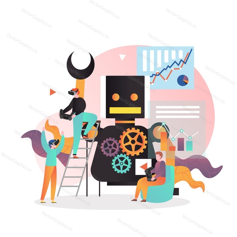 Vector illustration of huge robot, micro male characters taking gaming experience in vr headset, playing video games using game controllers. Smart modern gadgets concept for web banner, website page.