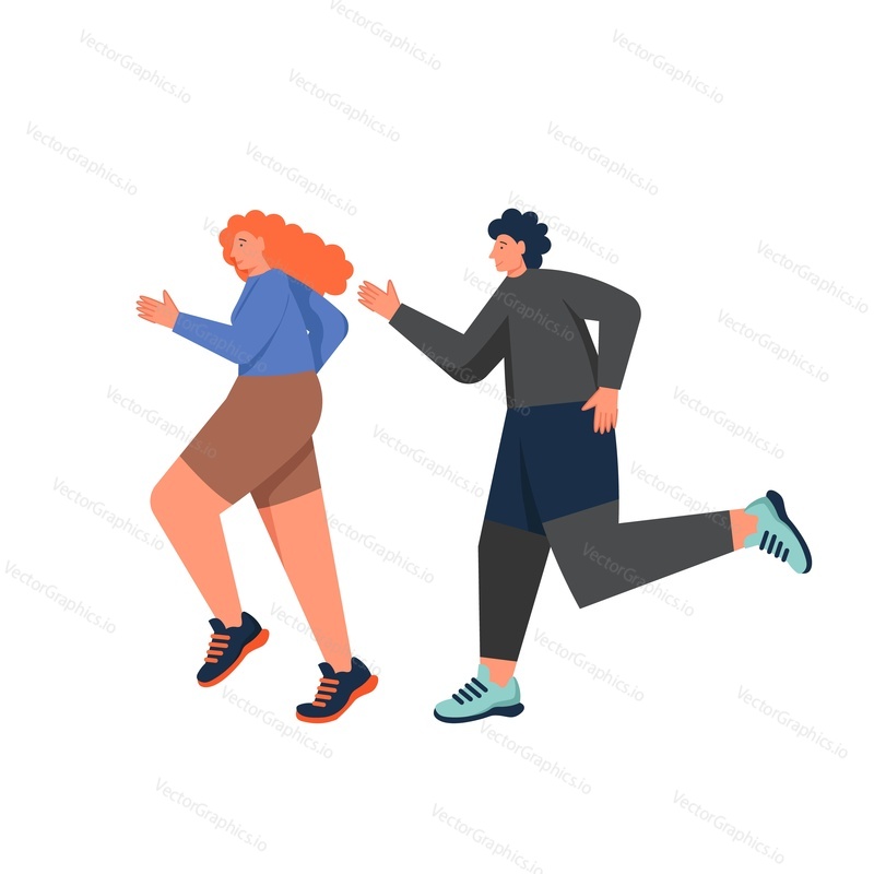 Happy jogging running couple, vector flat style design illustration isolated on white background. Walk in the park, active and healthy lifestyle concept for web banner, website page etc.