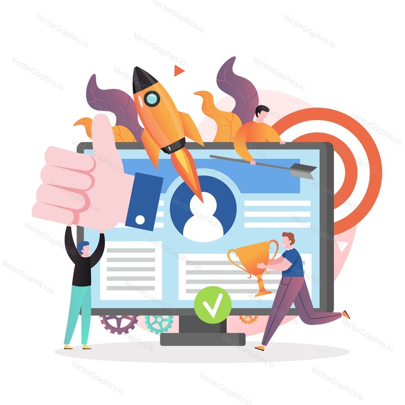Social media marketing vector concept illustration. Huge computer monitor with website page, flying rocket, micro male characters holding thumbs up like symbol, trophy cup. Successful smm strategy.