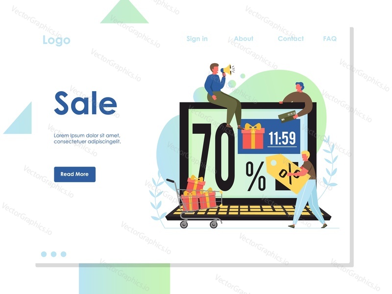 Sale vector website template, web page and landing page design for website and mobile site development. Online shopping clearance sale, deals, discounts.