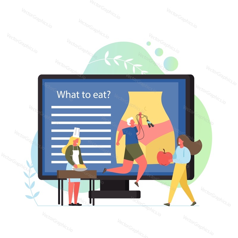 Nutritionist concept vector flat illustration. Woman figure with slim waist on big computer monitor, tiny characters dietitian giving apple to woman making dough, man with jump rope. Healthy lifestyle