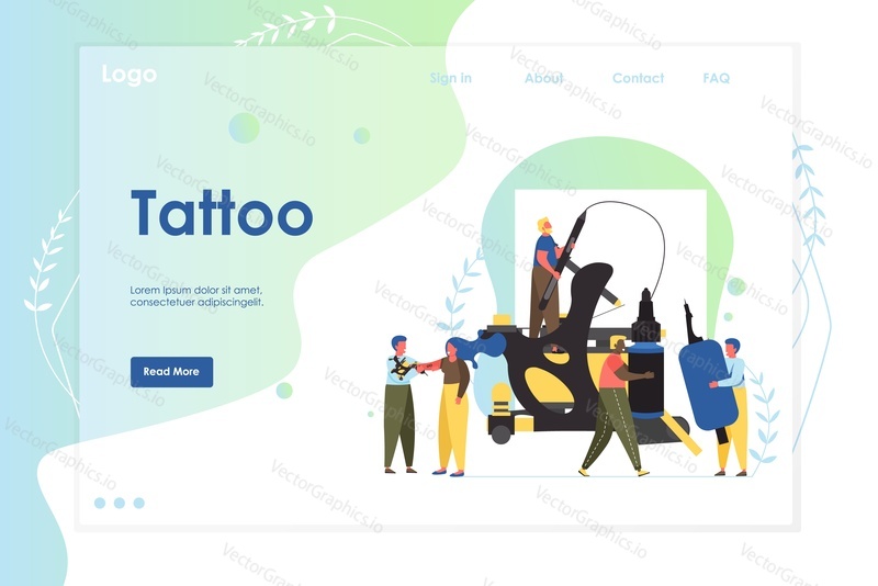 Tattoo vector website template, web page and landing page design for website and mobile site development. Tattooing process with characters professional artists, girl getting tattoo, special equipment