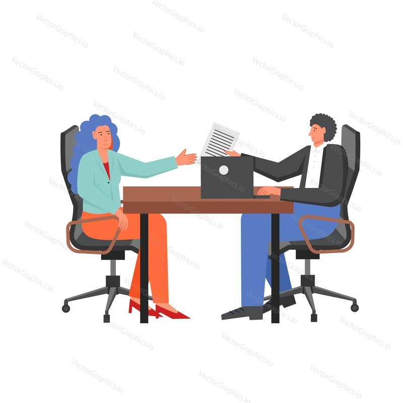 Job interview, vector flat illustration. HR specialist interviewing job candidate. Recruitment and hiring process, employment, choosing the best candidate, job search concept for web banner etc.