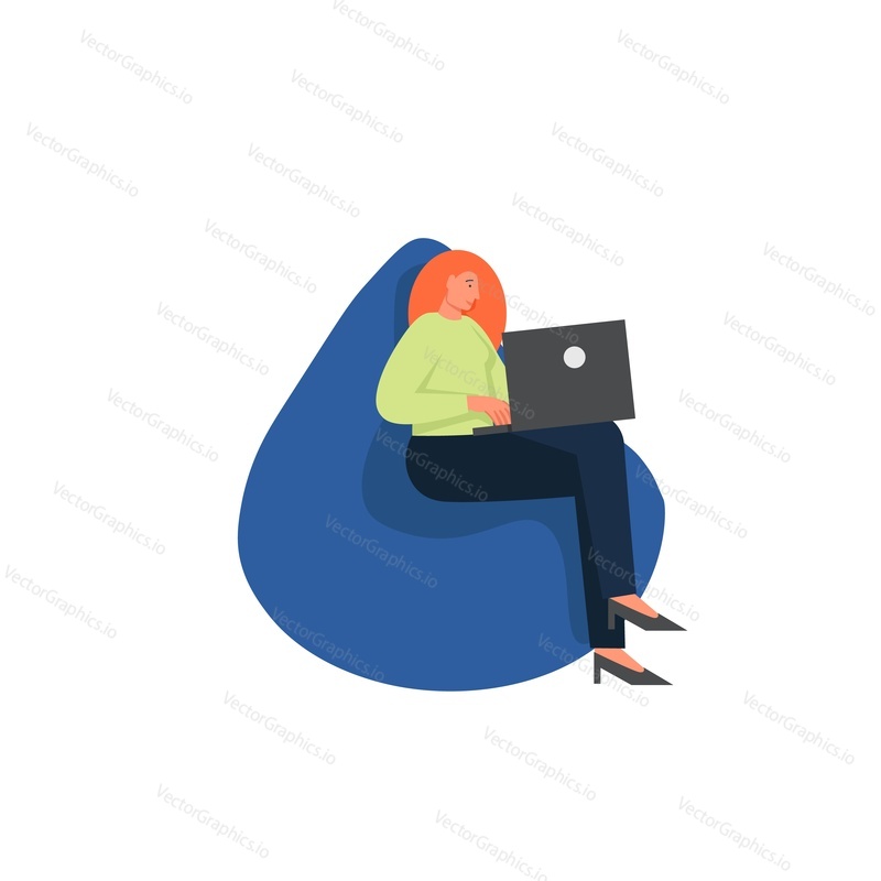 Молодая женщина делает покупки в Интернете, сидя в кресле-мешке, векторная плоская иллюстрация, изолированная на белом фоне. Концепция интернет-покупок для веб-баннера, страницы веб-сайта и т.д.