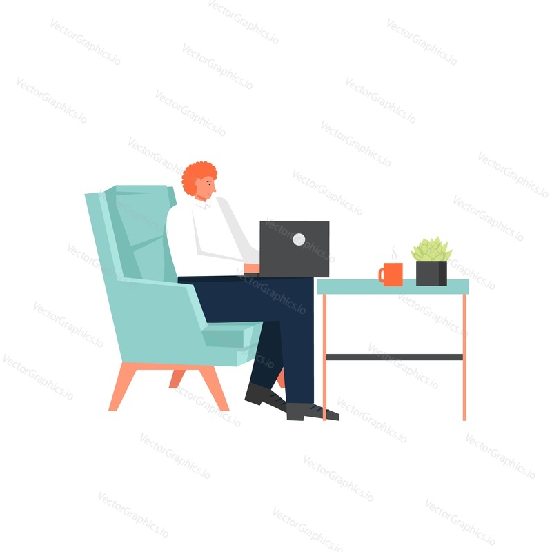 Man freelancer using laptop while sitting at table. Vector flat illustration isolated on white background. Art creation, artistic and creative occupation concept for web banner, website page etc.