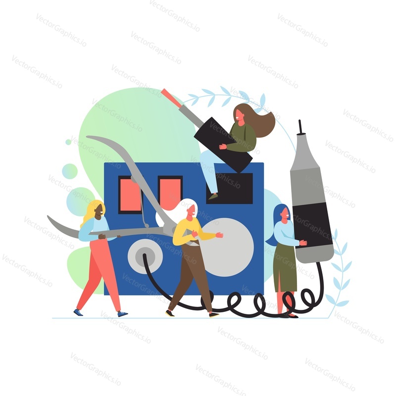 Manicure services, vector flat illustration. Big electric nail drill machine and tiny women holding scissors, nail polish. Beauty salon professional manicure, nail tools concept for web banner etc.