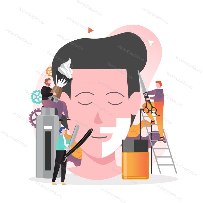 Huge man face and micro male characters with barber tools for beard grooming such as razor, aftershave, shaving brush with foam, scissors, vector illustration. Barbershop concept for website page etc.