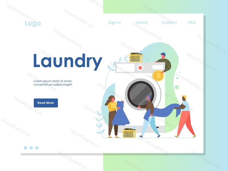 Laundry vector website template, web page and landing page design for website and mobile site development. Coin laundry service concept with tiny characters and big washer.