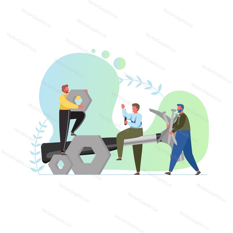 Repairs, vector flat illustration. Big hammer and nails and tiny characters workers using nails, screwdriver and screw nut. Carpenter, handyman services concept for web banner, website page etc.