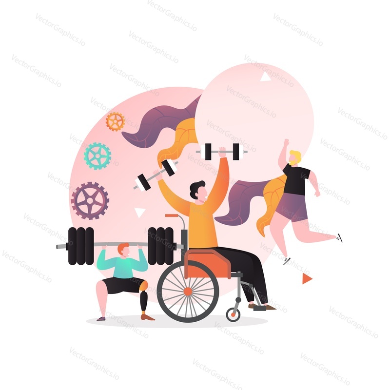 Disabled athletes in wheelchair with leg prosthesis taking part in sport competitions, vector illustration. Sport games concept for web banner, website page etc.