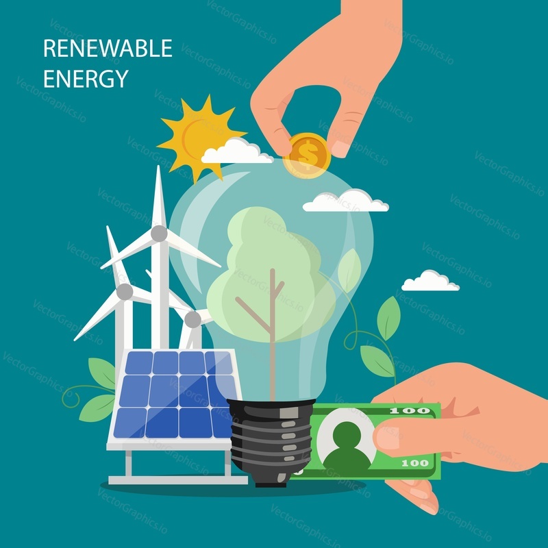 Векторная плоская иллюстрация концепции возобновляемых источников энергии. Ветряные мельницы, солнечные батареи, человеческие руки, вкладывающие деньги в лампочку. Инвестиции в альтернативную возобновляемую чистую энергию композиция для страницы веб-сайта и т.д.