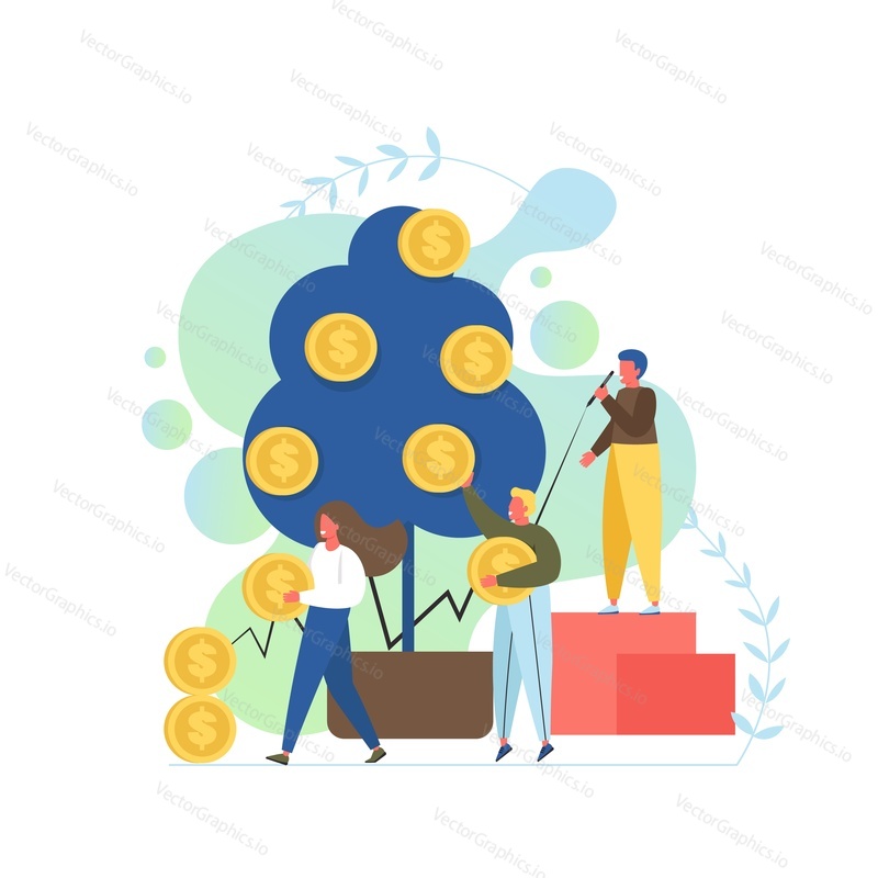 Vector flat style design illustration of business people picking golden dollar coins from money tree. Making money, financial investment, business concept for web banner, website page etc.