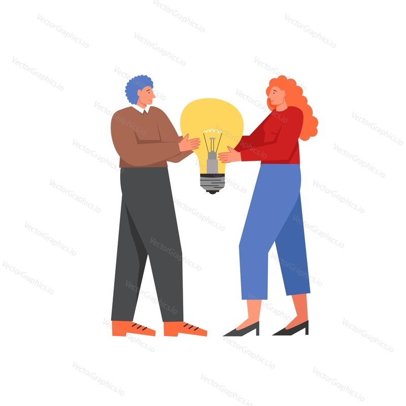 Office people man and woman holding light bulb together in both hands, vector flat illustration. Business idea generation, innovation, teamwork, collaboration concept for web banner, website page etc.